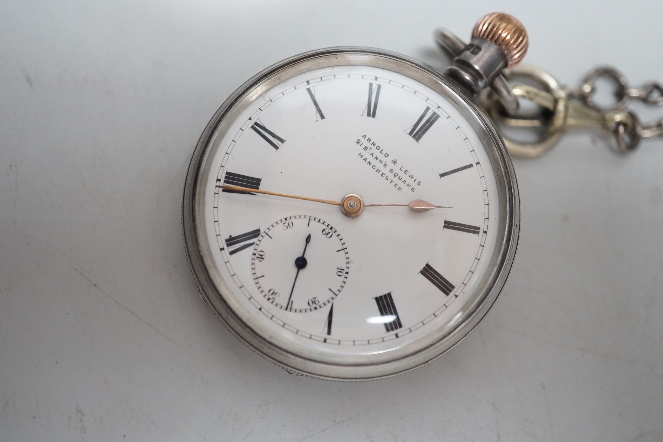 Small silverware, including a George V cream jug and matching sugar bowl, a mustard pot and matching pepper pot, silver serviette ring and a gentleman’s silver pocket watch and chain.
